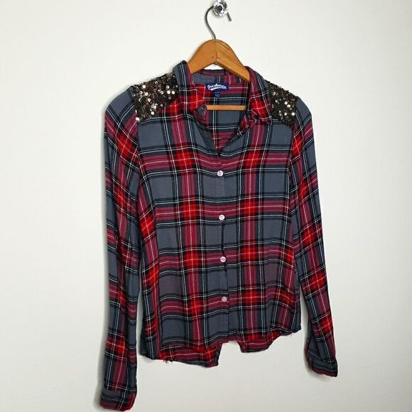 Freshman 1996 Plaid Button-Up Blouse W/ Sequin Bling Shoulders - Picture 4 of 9